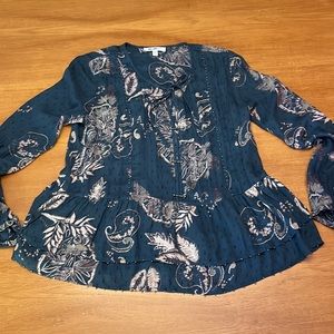 William Rast Boho Floral Blouse, Peplum Hem, Bead Accent, Steel Blue, Size S